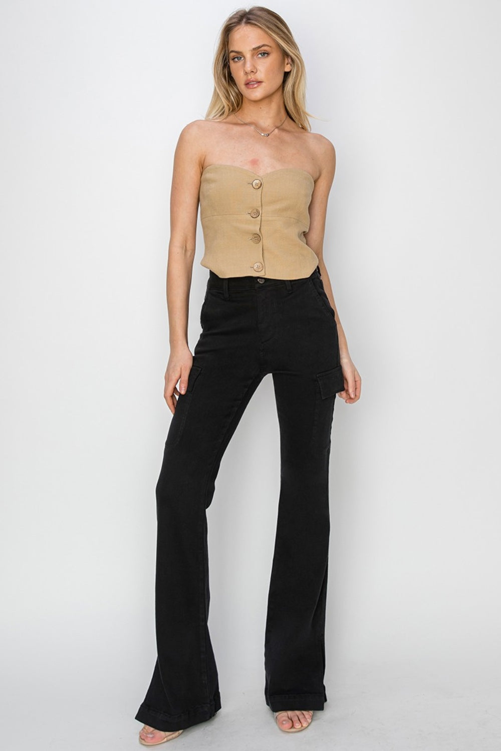 RISEN Full Size High Rise Side Slit Cargo Bootcut Jeans - Classique Collection