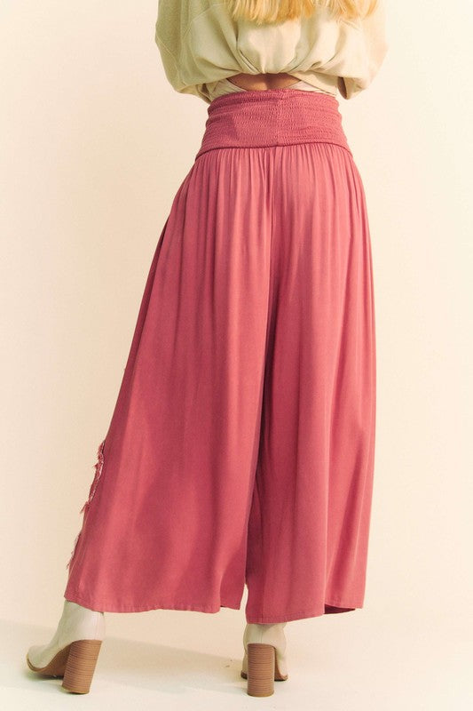 Davi & Dani Smocked Waist Flower Patch Wide Leg Pants - Classique Collection