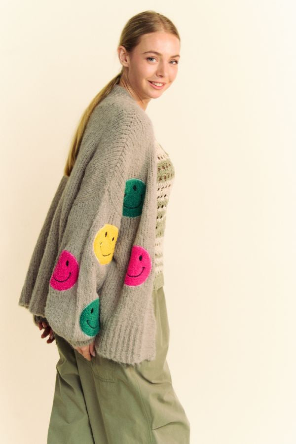 Davi & Dani Fuzzy Smile Open Front Long Sleeve Cardigan - Classique Collection