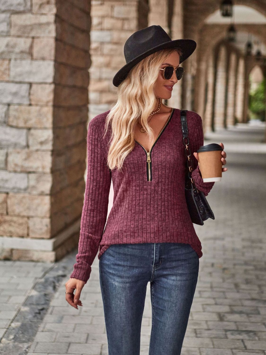 Half-Zip V-Neck Long Sleeve Top - Classique Collection