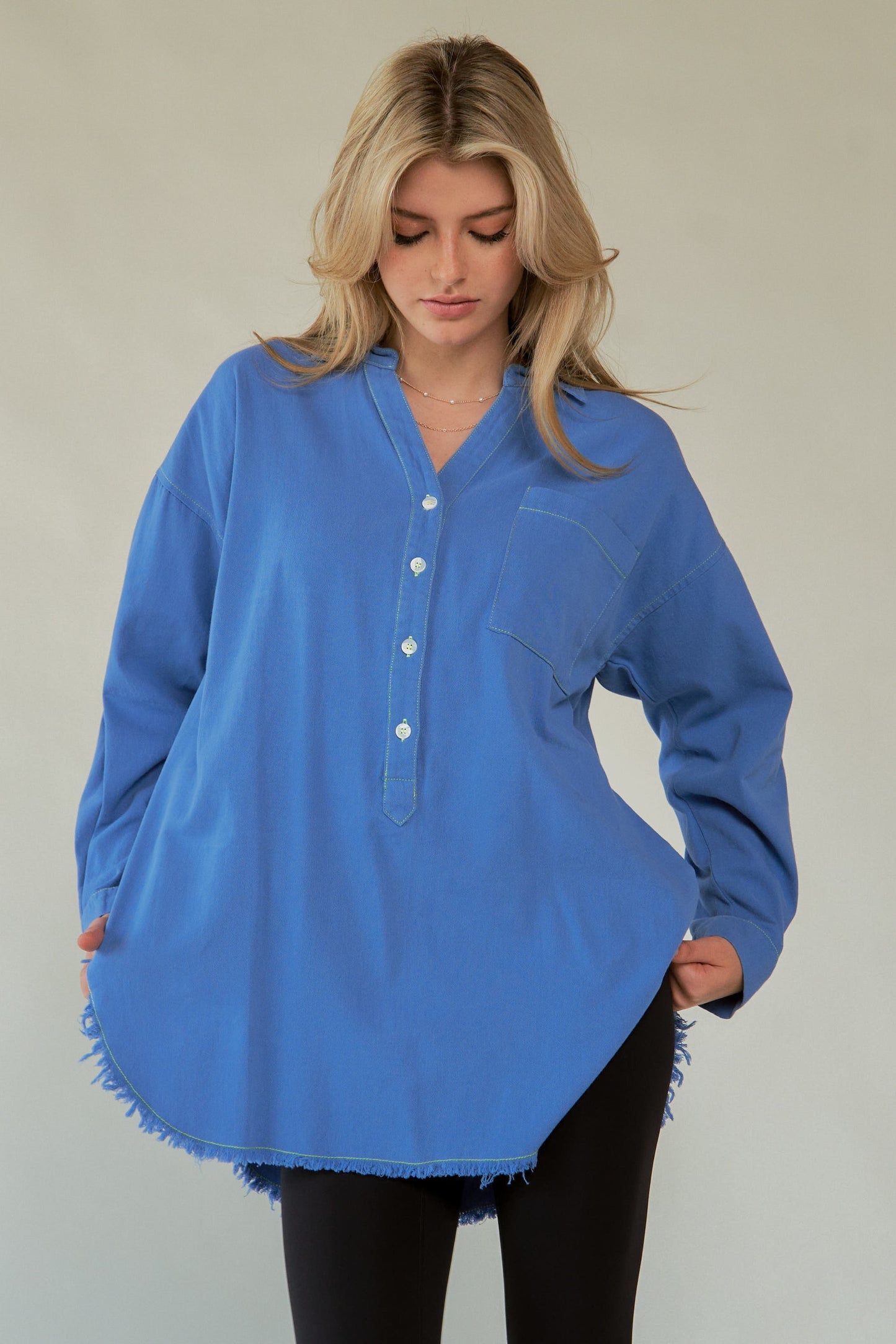 Davi & Dani Letter Back Raw Hem Half Button Shirt - Classique Collection