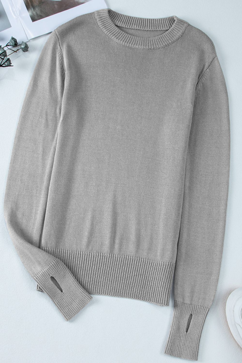 Ribbed Hem Round Neck Long Sleeve Sweater - Classique Collection