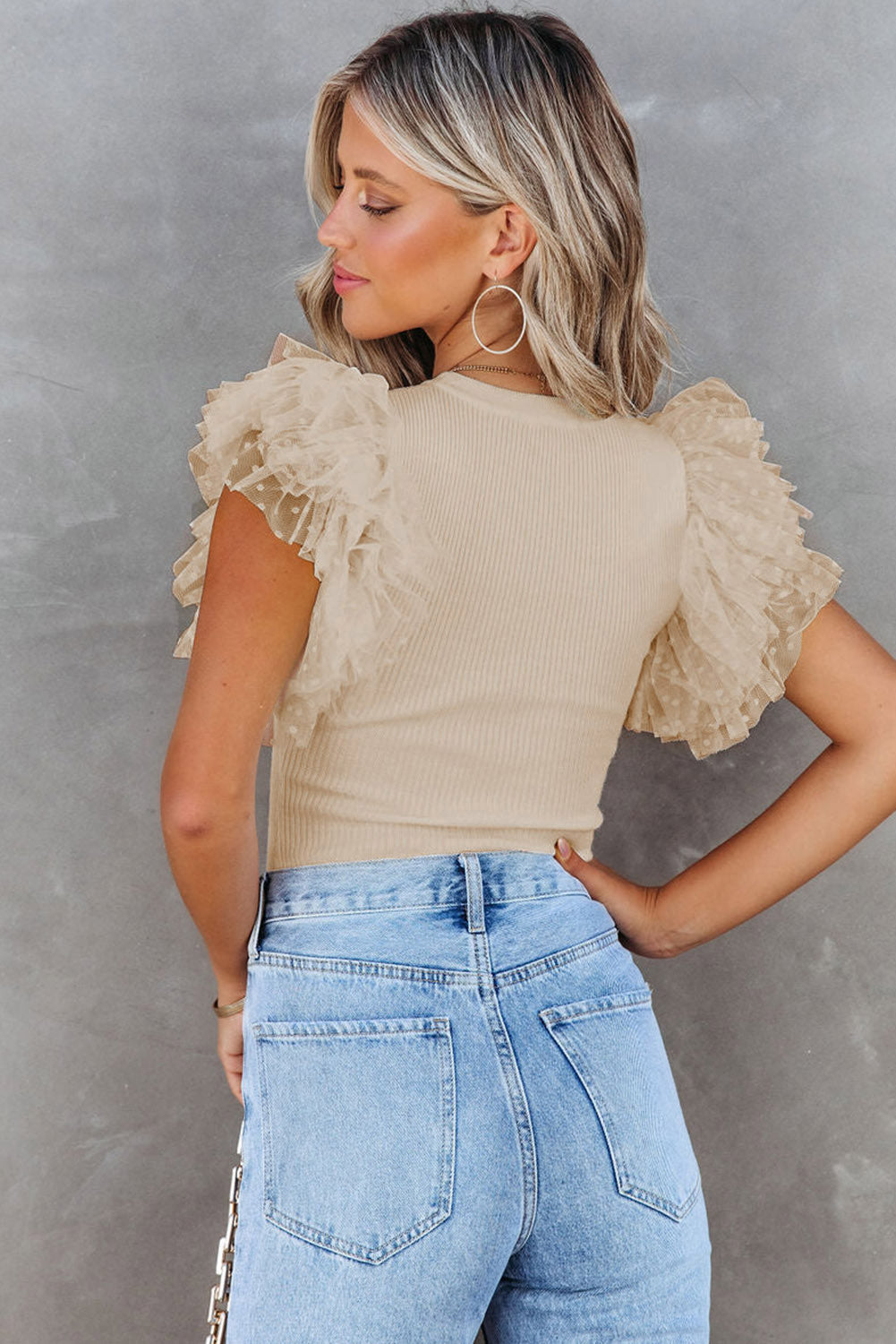 Apricot Dotty Mesh Ruffle Sleeve Ribbed Knit Top ClassiQ