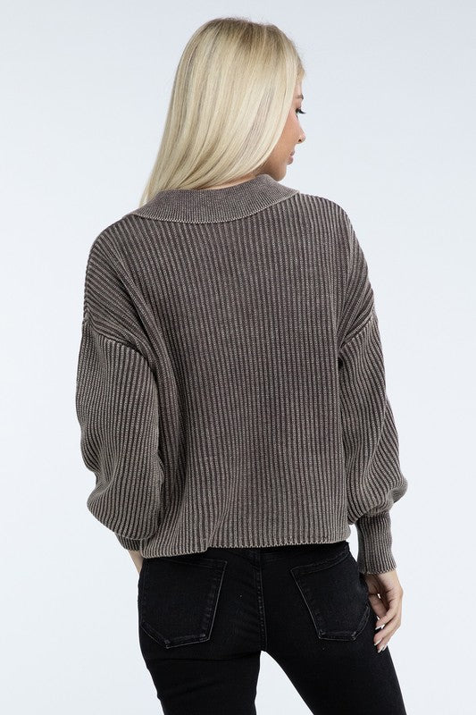 Washed Collared Henley Sweater - Classique Collection