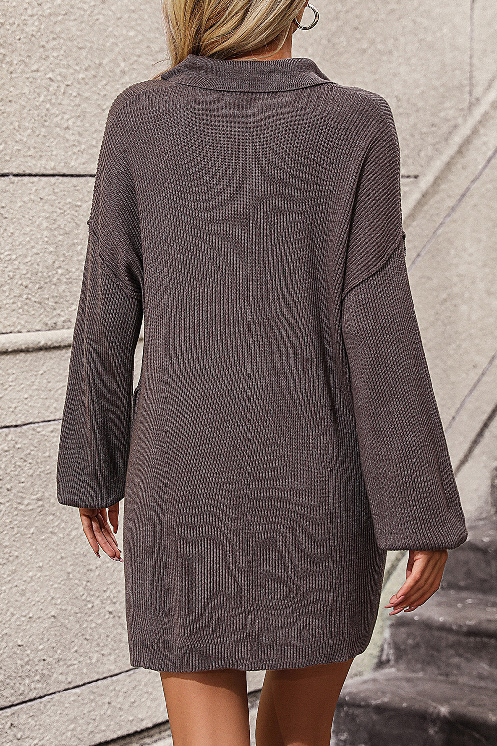 Collared Neck Long Sleeve Sweater Dress with Pockets - Classique Collection