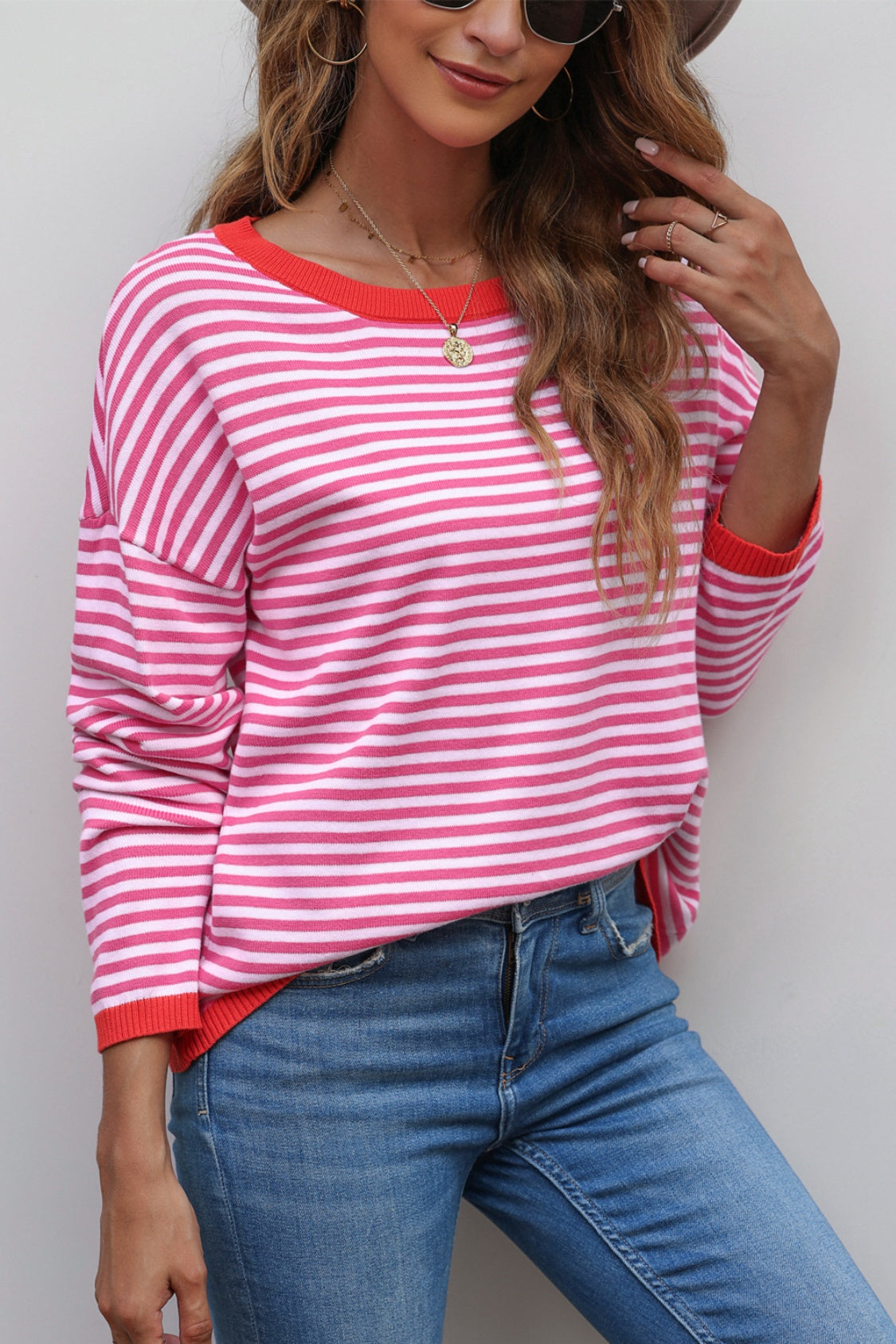 Striped Round Neck Drop Shoulder T-Shirt - ClassiQ