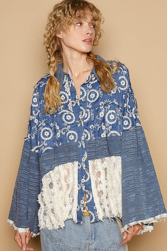 POL Lace Hem Embroidered Long Sleeve Shirt - Classique Collection