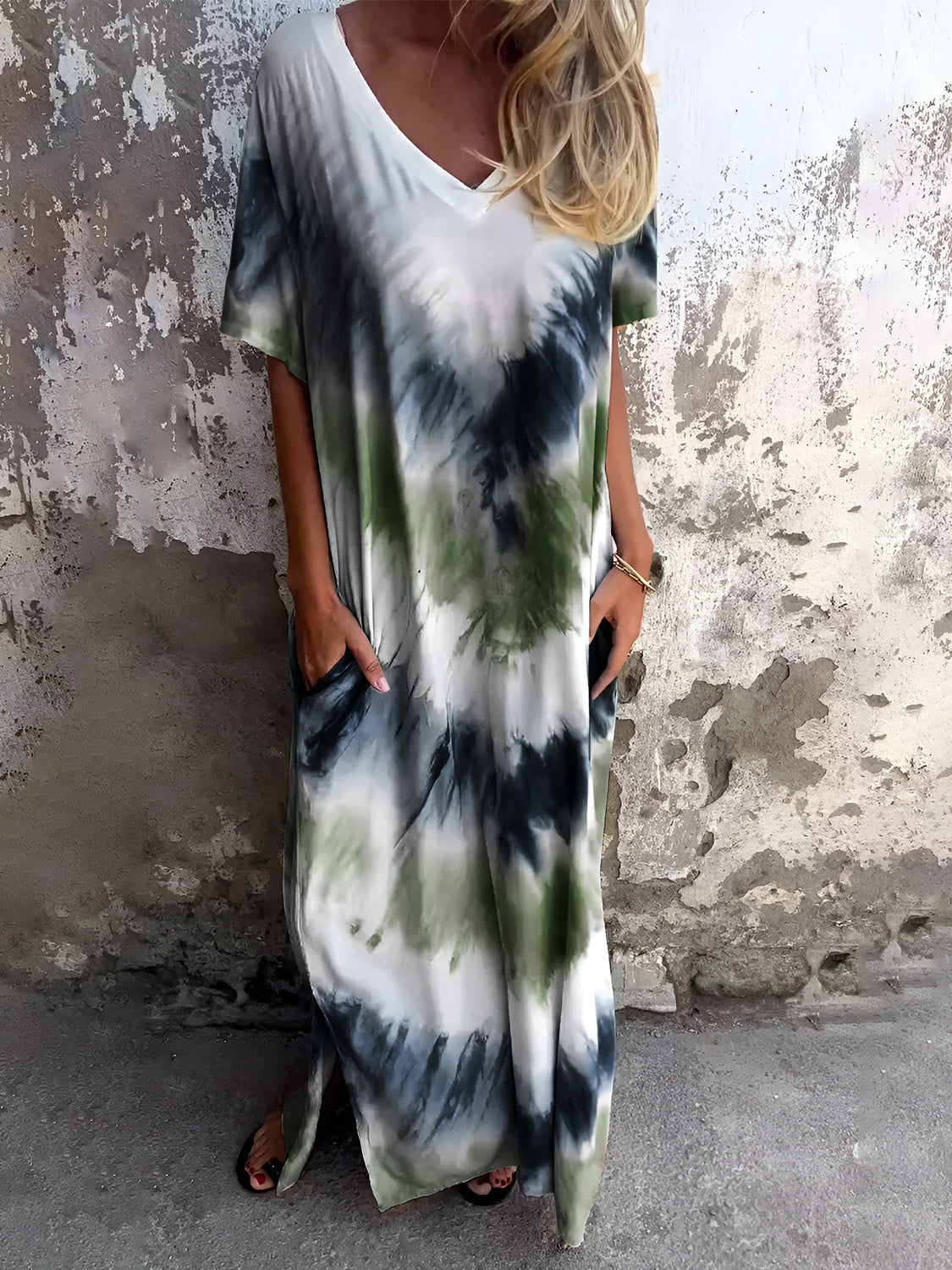 Full Size Pocketed Tie-Dye Short Sleeve Dress - Classique Collection