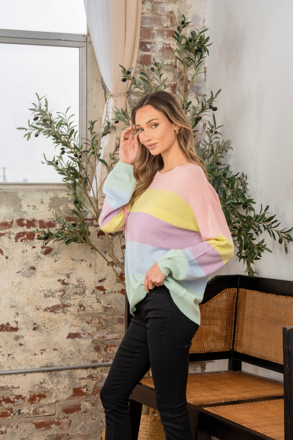 Sew In Love Full Size Color Block Round Neck Dropped Shoulder Sweater - ClassiQ