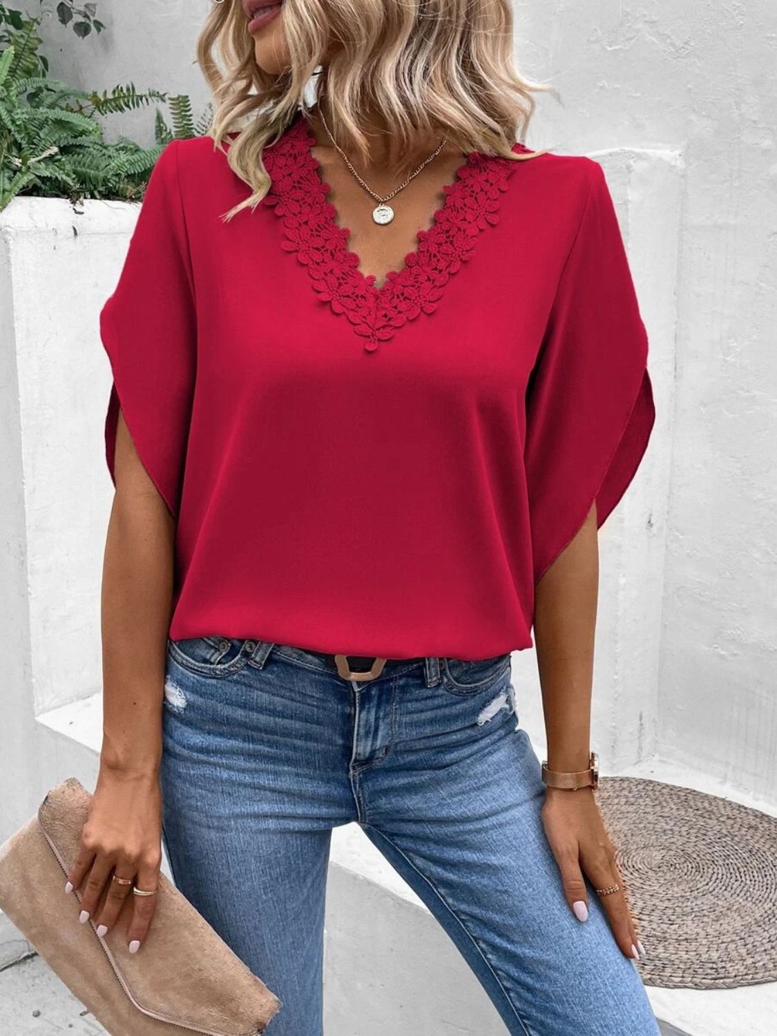 Lace Detail V-Neck Half Sleeve Blouse - Classique Collection