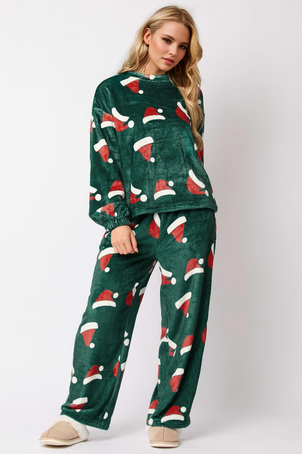Christmas Hat Pattern Round Neck Long Sleeve Top and Pants Set - ClassiQ