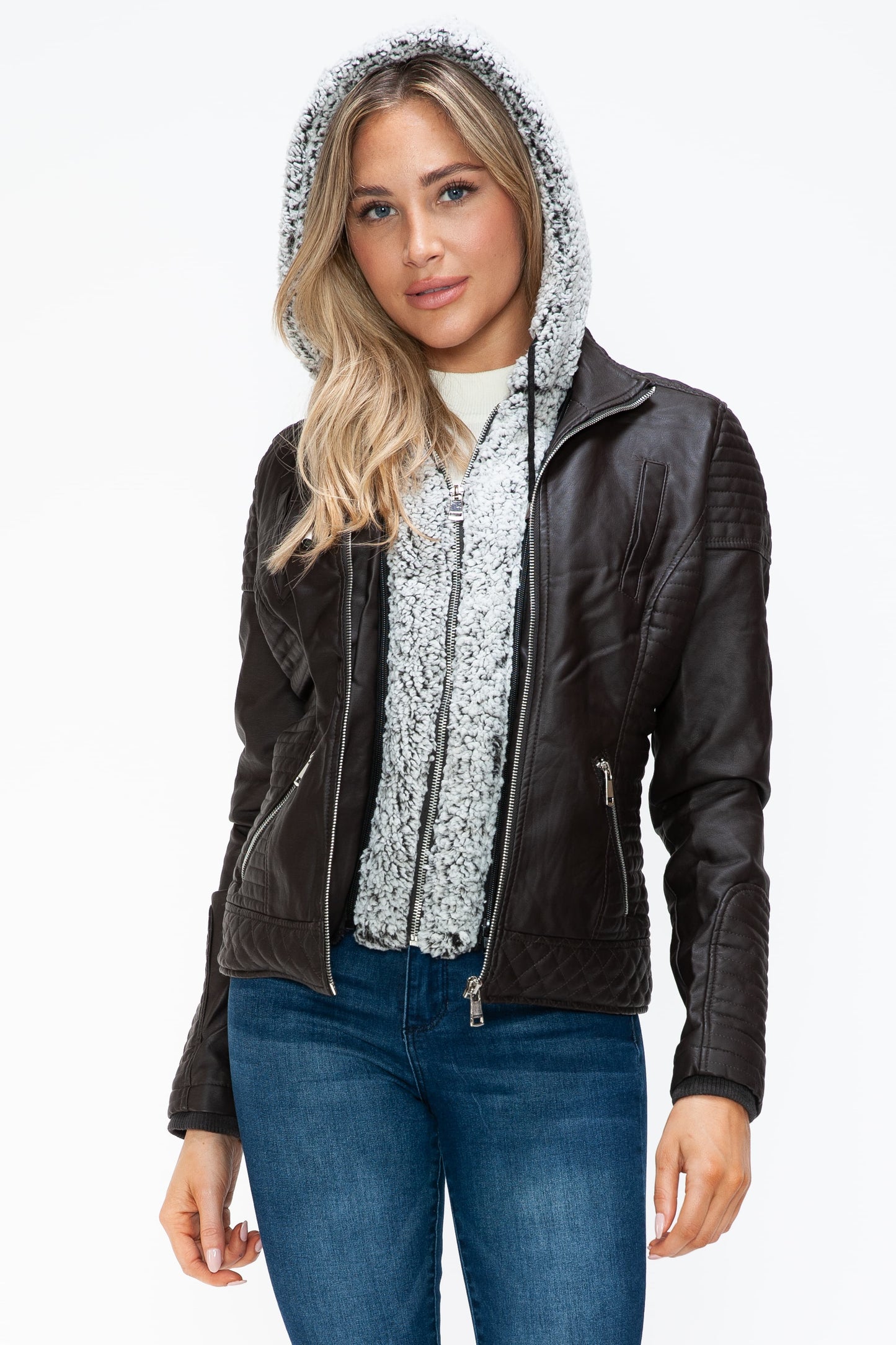 YMI Faux Layered Double-Zipper Jacket with Fuzzy Hood - ClassiQ