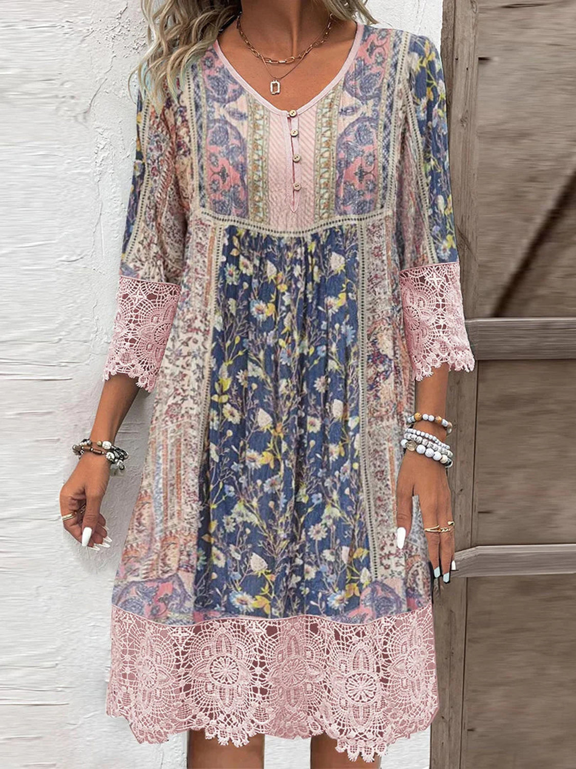 Full Size Lace Detail Printed Three-Quarter Sleeve Dress - Classique Collection