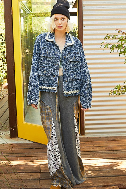 POL Flower Textured Raw Hem Long Sleeve Denim Jacket - Classique Collection