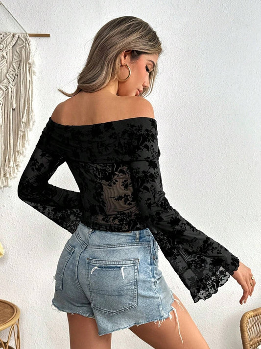 Off-Shoulder Flare Sleeve Lace Top - Classique Collection