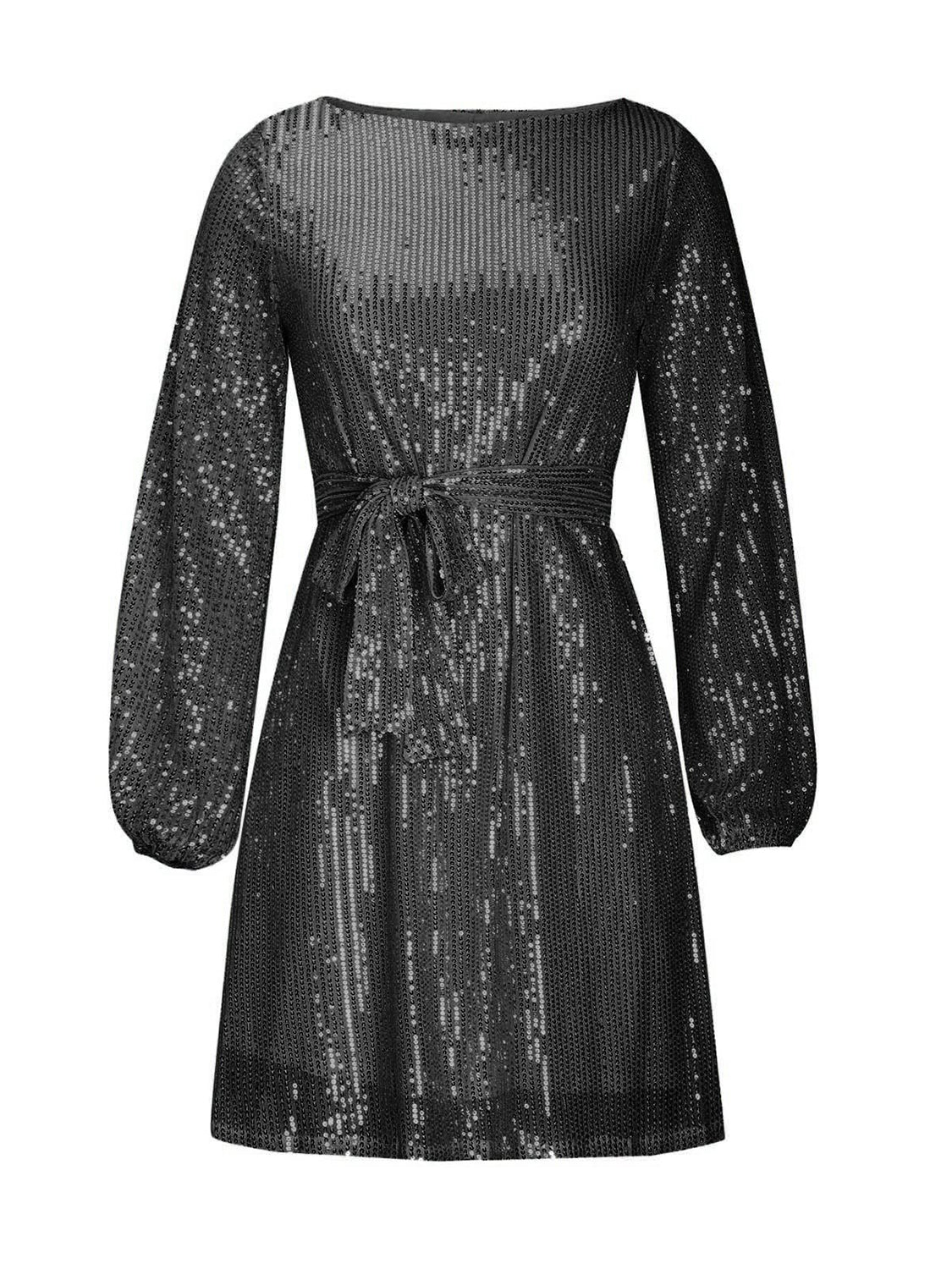 Sequin Tie Waist Long Sleeve Mini Dress - Classique Collection
