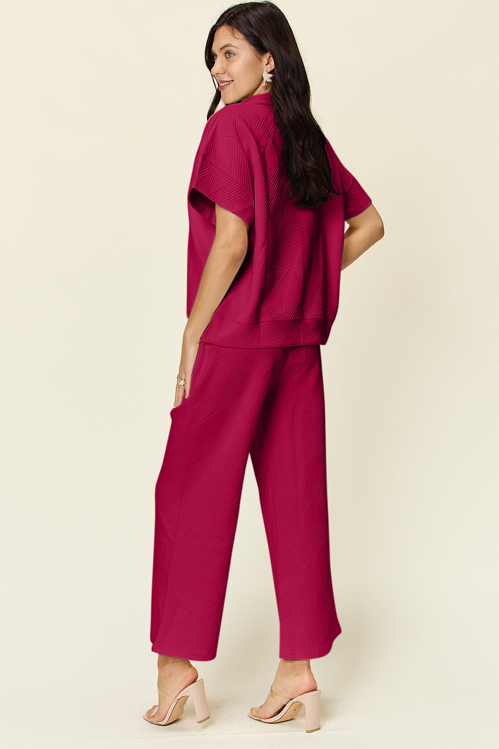 Double Take Full Size Texture Half Zip Short Sleeve Top and Pants Set - ClassiQ