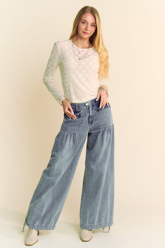 Davi & Dani Bow Mesh Round Neck Long Sleeve Top - Classique Collection