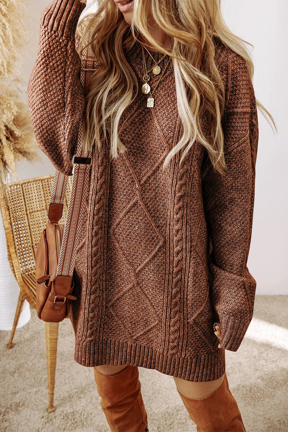 Cable-Knit Round Neck Sweater Dress - Classique Collection