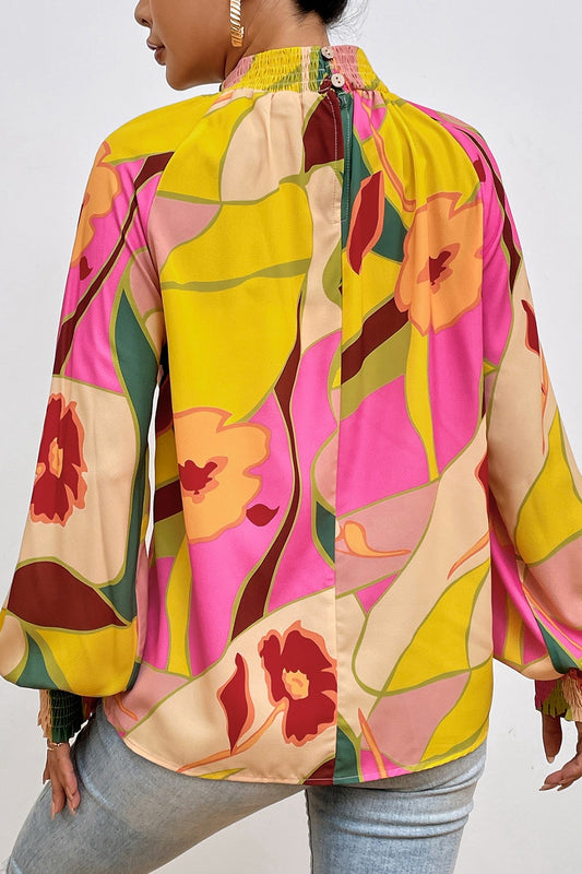 Floral Smocked Lantern Sleeve Mock Neck Blouse - Classique Collection