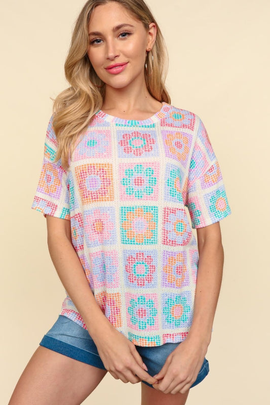 Haptics Flower Print Round Neck Short Sleeve T-Shirt - Classique Collection