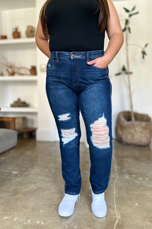 Judy Blue Full Size High Waist Rigid Magic Heavy Destroy Straight Jeans - Classique Collection