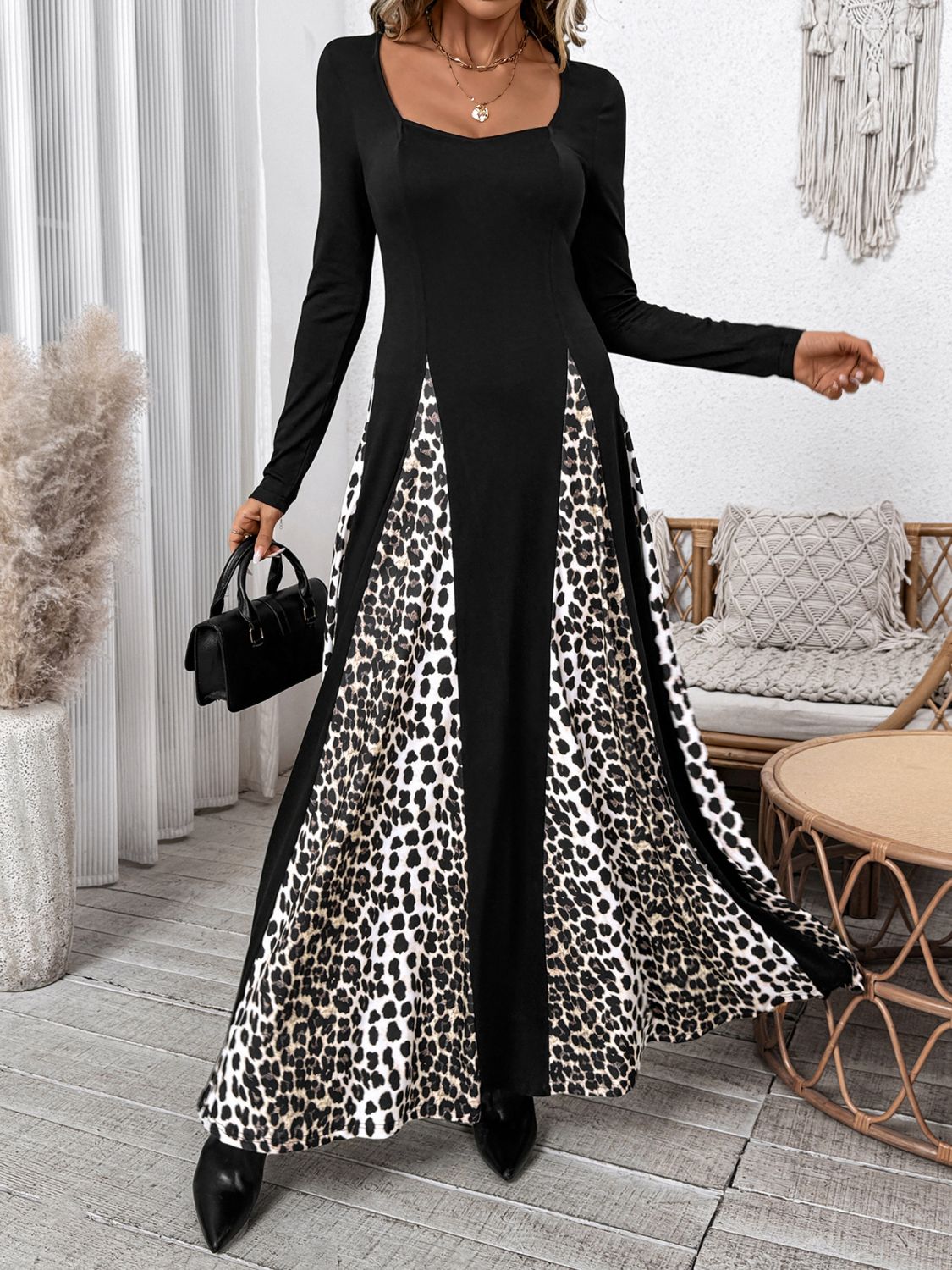 Perfee Leopard Square Neck Long Sleeve Maxi Dress - Classique Collection