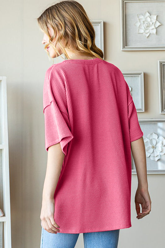 Heimish Full Size Ribbed Half Button Drop Shoulder Top - Classique Collection