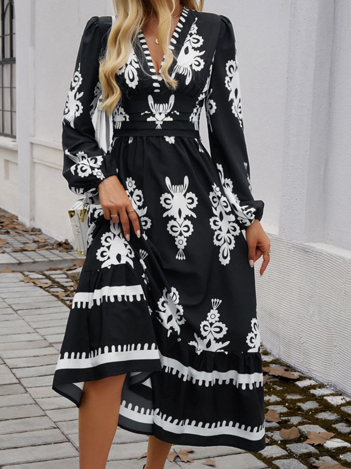 Devine Ruffled Printed Plunge Long Sleeve Dress - Classique Collection