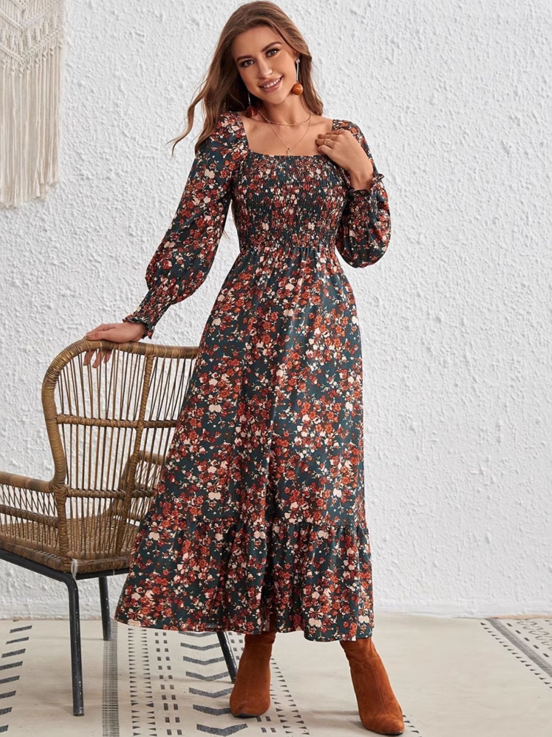 Smocked Floral Square Neck Long Sleeve Dress - Classique Collection