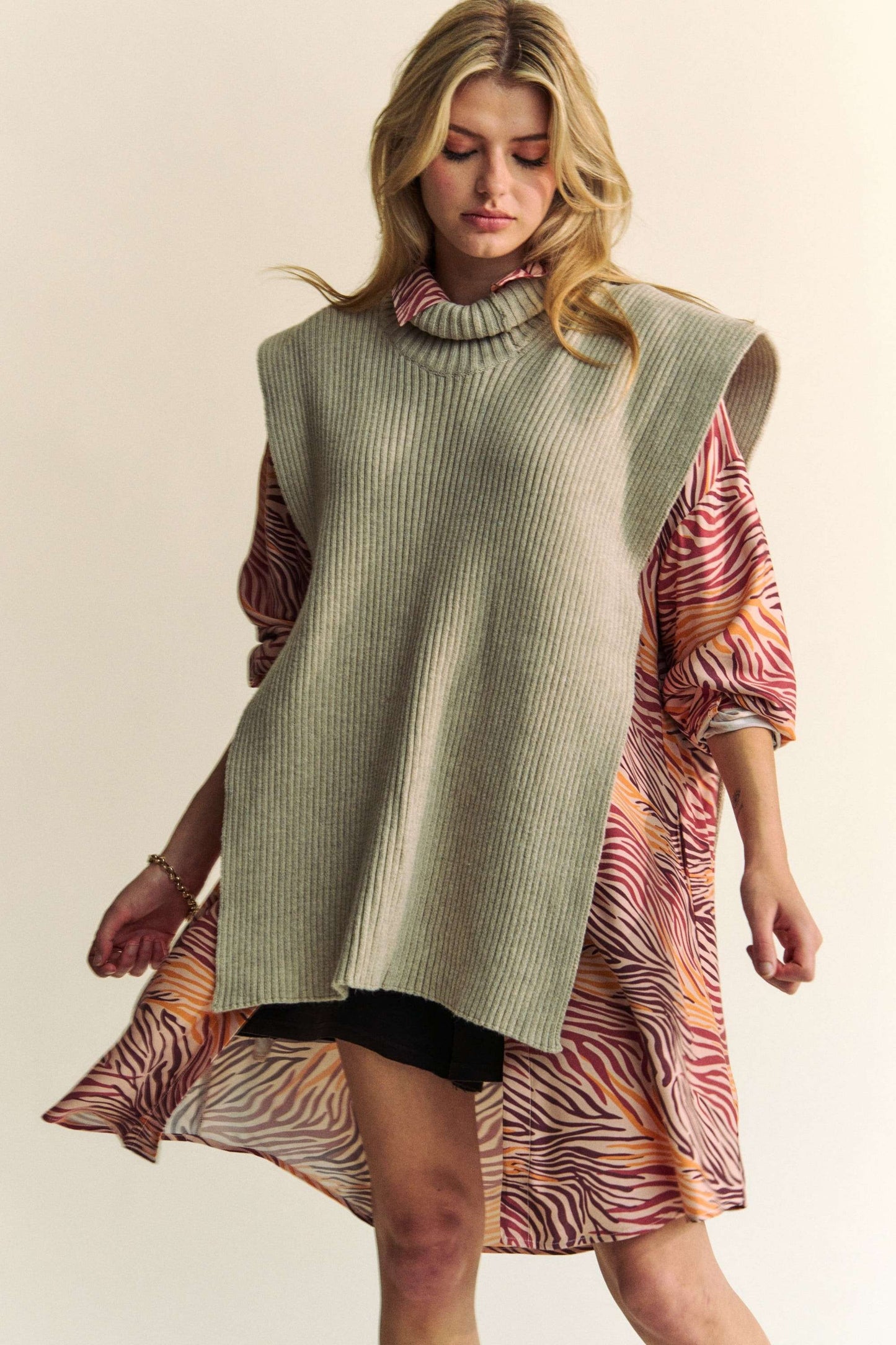 Davi & Dani Side Split Turtleneck Sleeveless Knit Top - Classique Collection