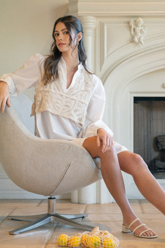 Annie Wear Crochet Vest Notched Long Sleeve Shirt Dress - ClassiQ