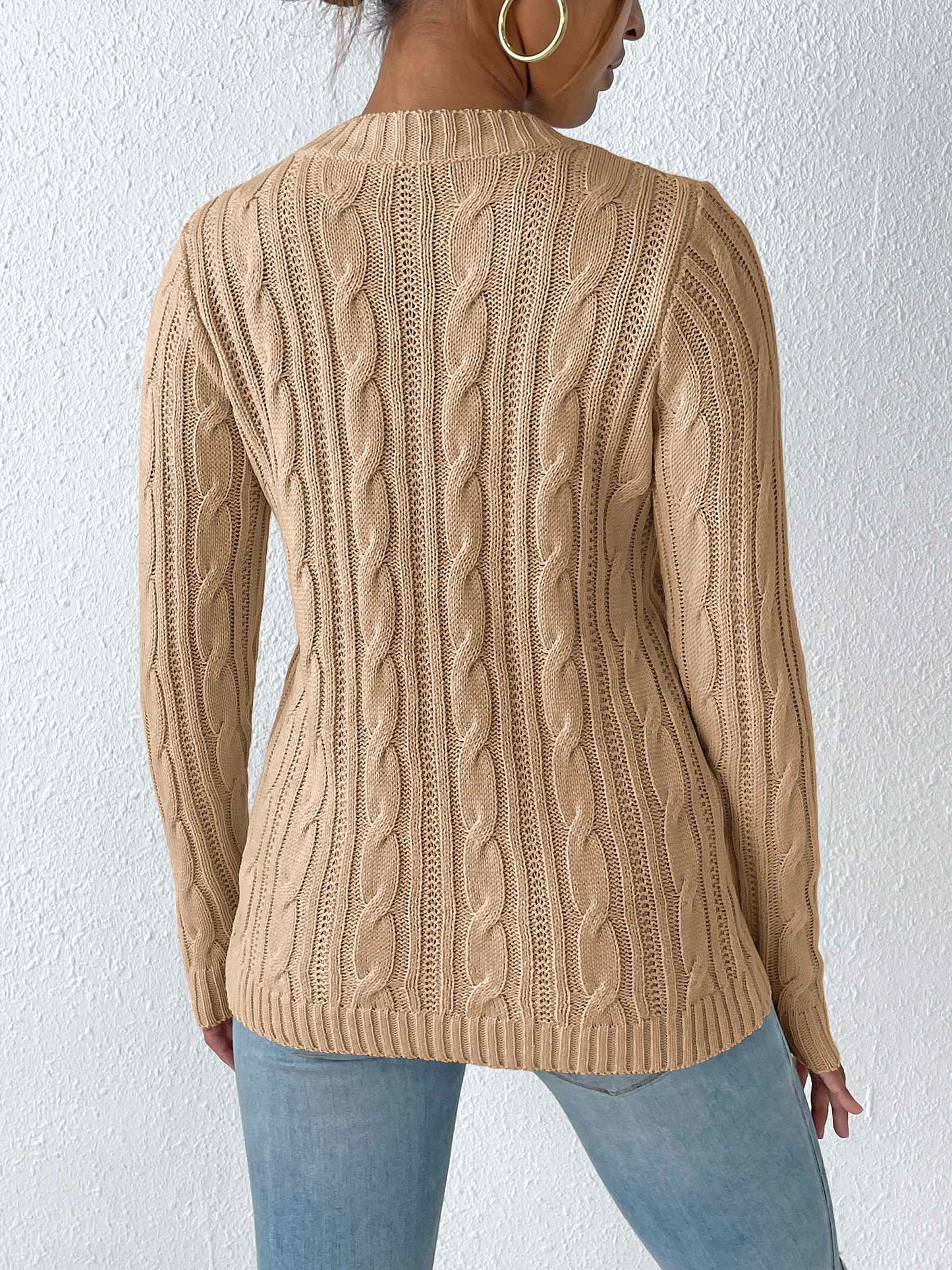 Cable-Knit Heart Round Neck Long Sleeve Sweater - ClassiQ