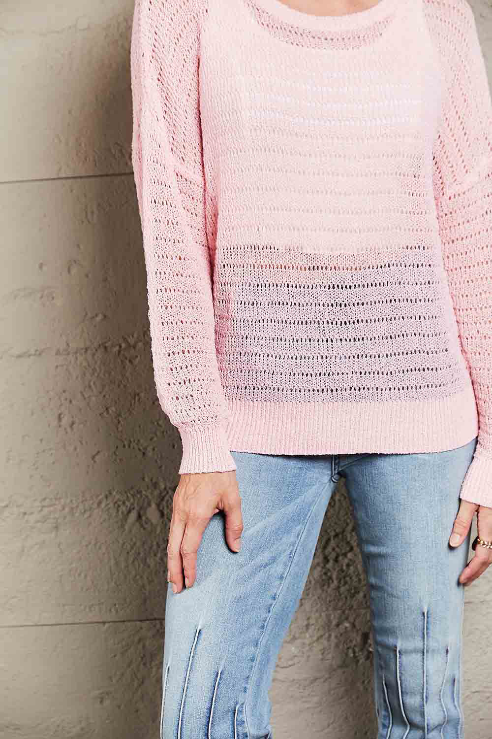 Openwork Round Neck Dropped Shoulder Knit Top - Classique Collection