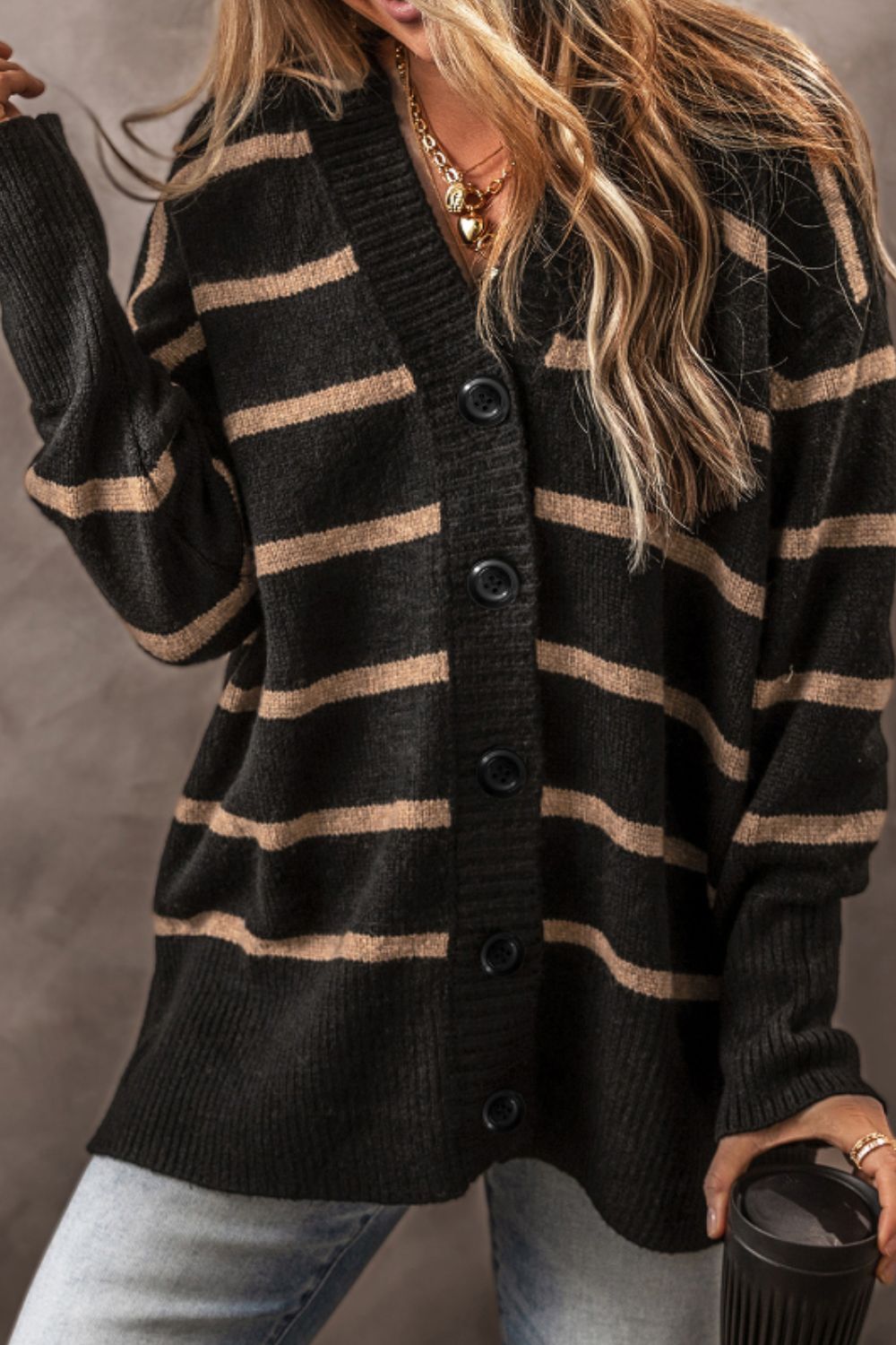 Striped Button Down Long Sleeve Cardigan - ClassiQ