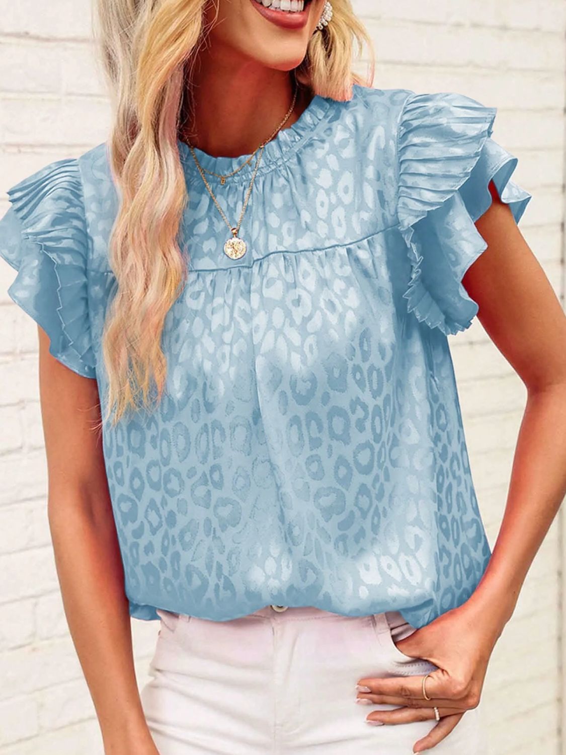 Leopard Frill Mock Neck Ruffled Cap Sleeve Top - Classique Collection