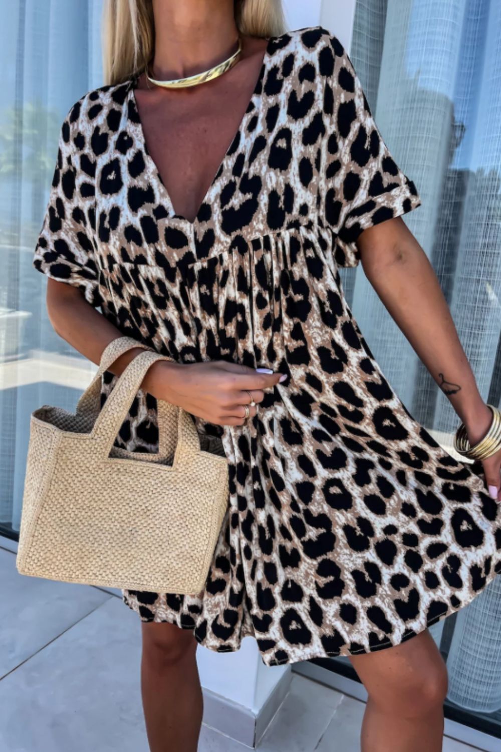 Cutout Back Leopard V-Neck Short Sleeve Mini Dress - Classique Collection