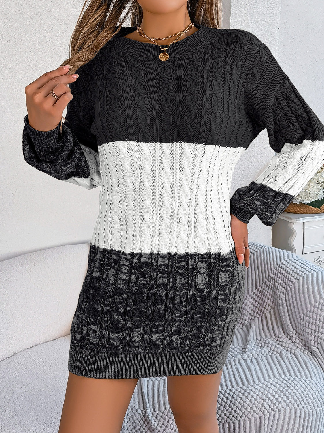 Cable-Knit Round Neck Color Block Sweater Dress - Classique Collection