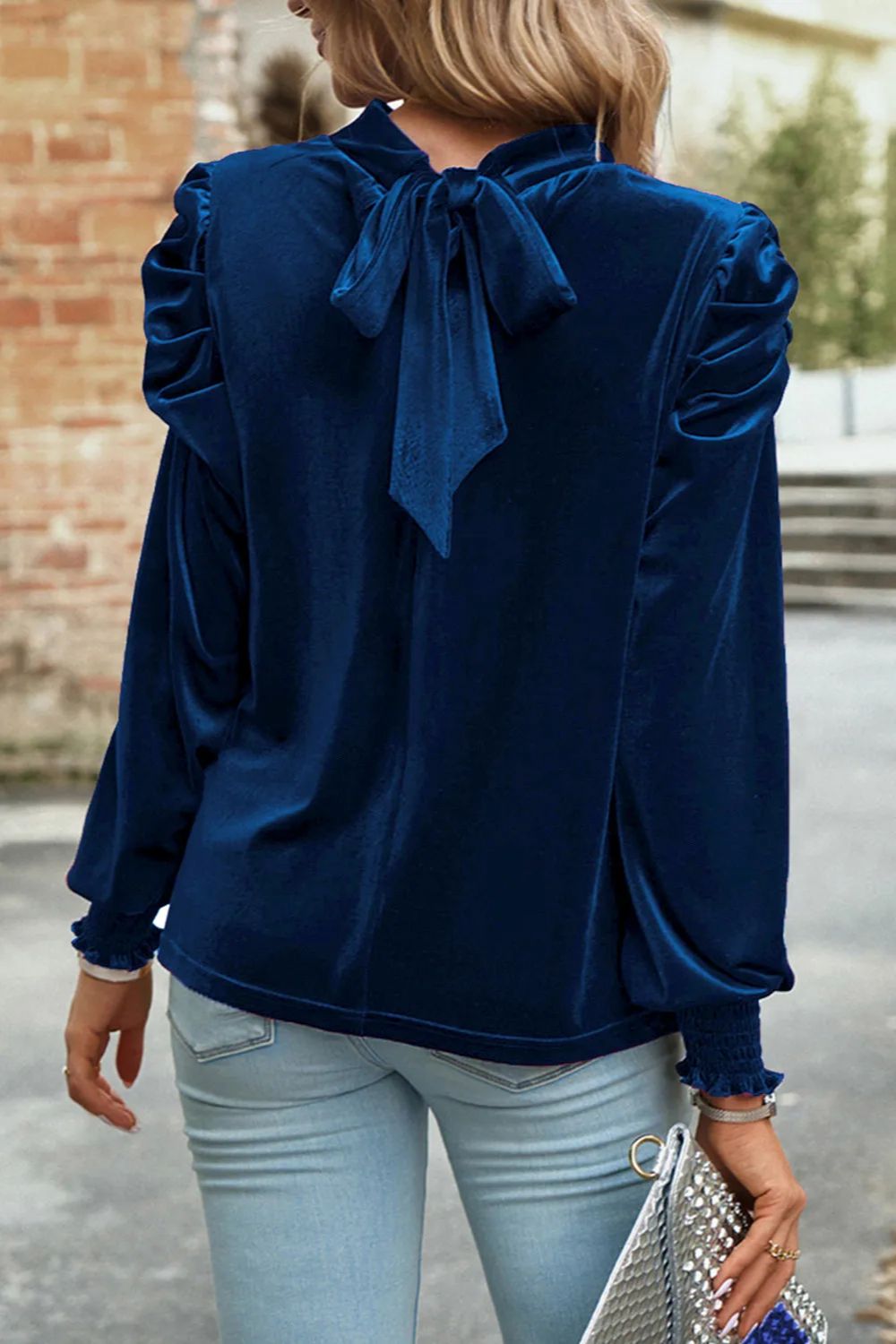 Tie Up Mock Neck Velvet Fabric Long Sleeve Blouse - Classique Collection