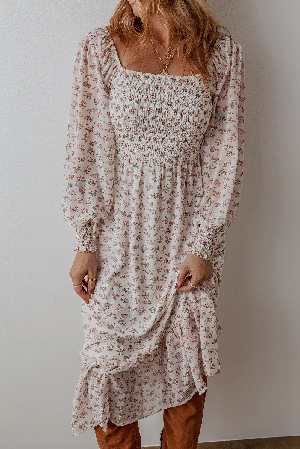 Smocked Floral Square Neck Long Sleeve Midi Dress - Classique Collection