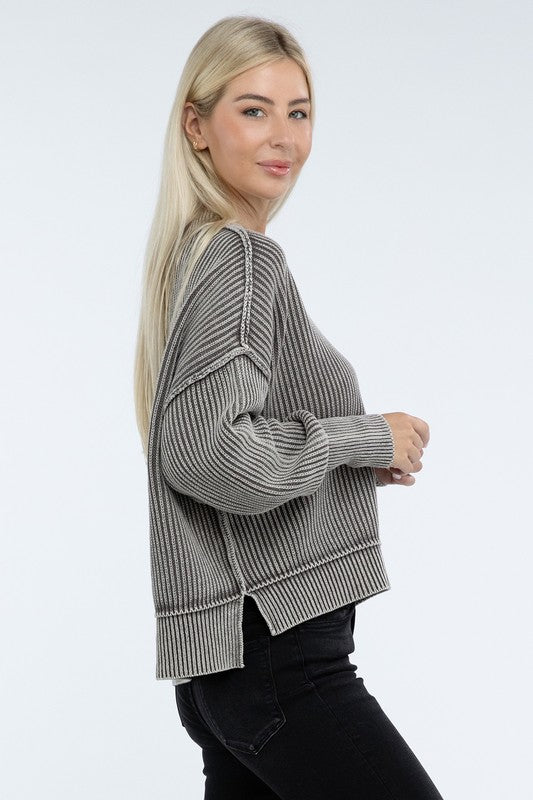 Washed Side Slit Oversized Cropped Sweater - Classique Collection