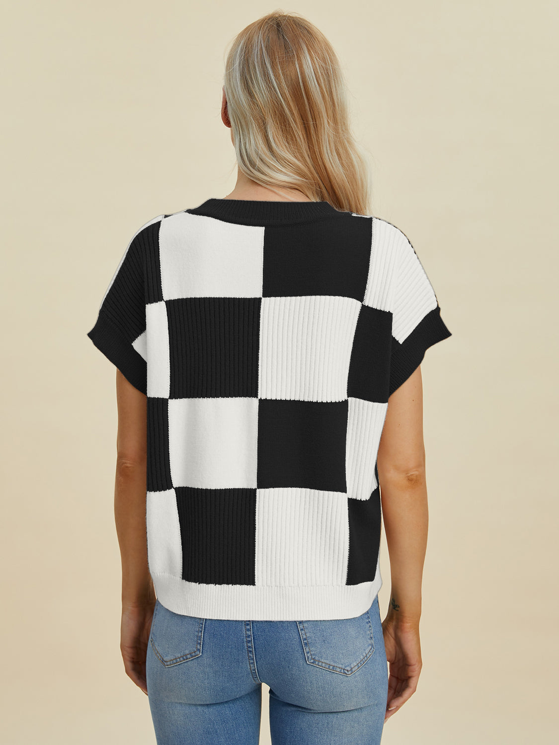 Double Take Full Size Checkered Round Neck Short Sleeve Sweater - ClassiQ