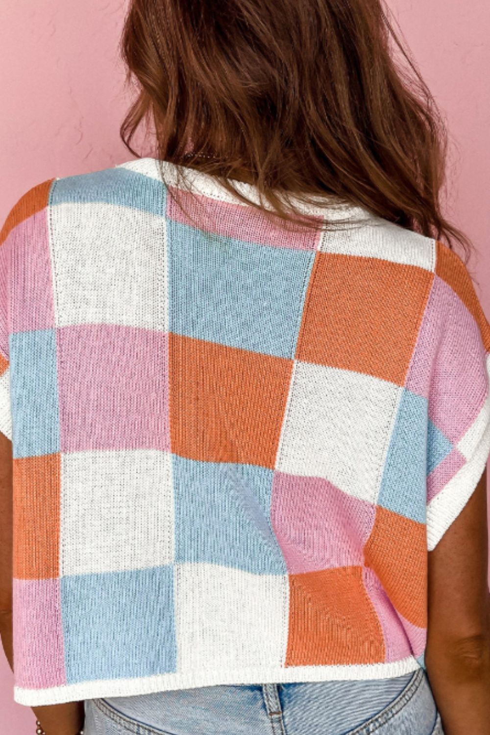 Contrast Plaid Round Neck Cap Sleeve Sweater - ClassiQ