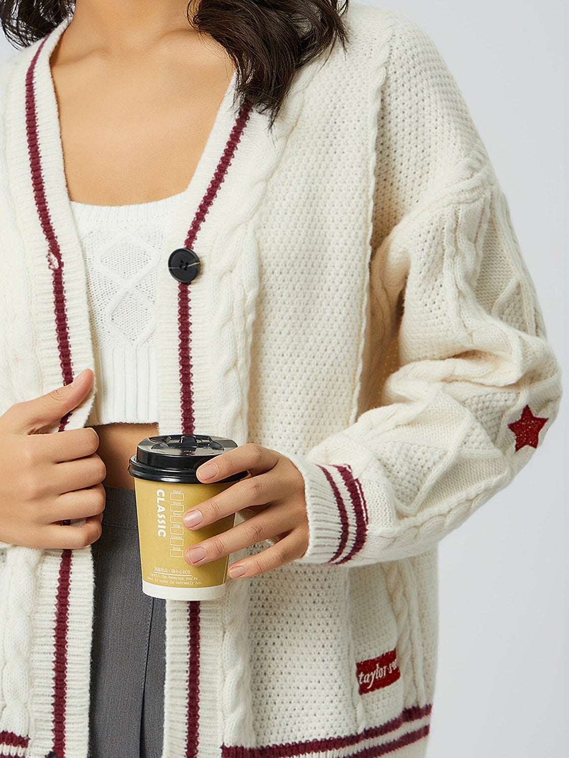 Star Embroidered V-Neck Long Sleeve Cardigan - ClassiQ