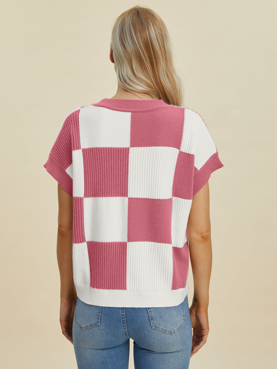 Double Take Full Size Checkered Round Neck Short Sleeve Sweater - ClassiQ