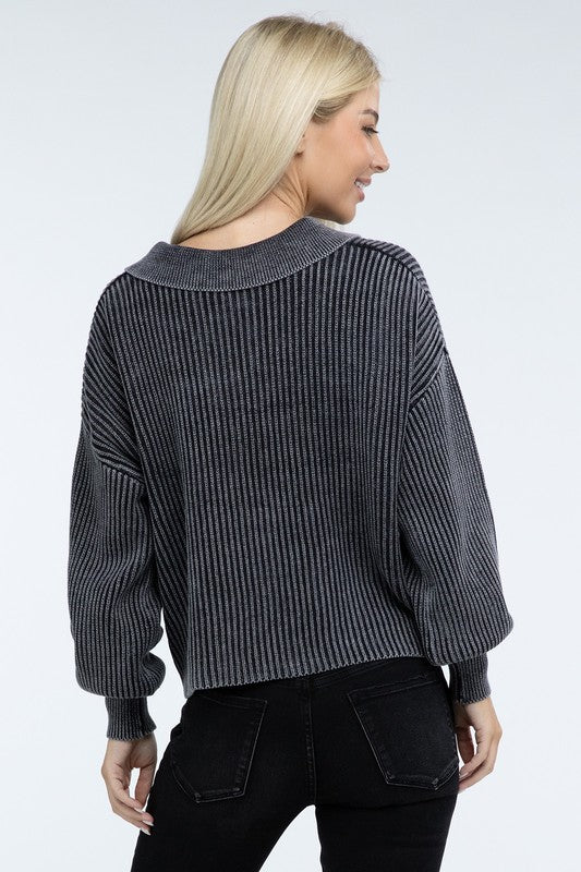 Washed Collared Henley Sweater - Classique Collection