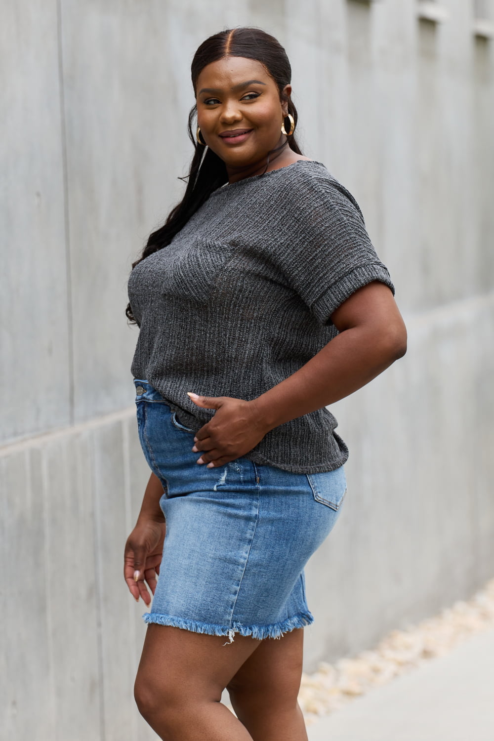e.Luna Full Size Chunky Knit Short Sleeve Top in Gray - Classique Collection