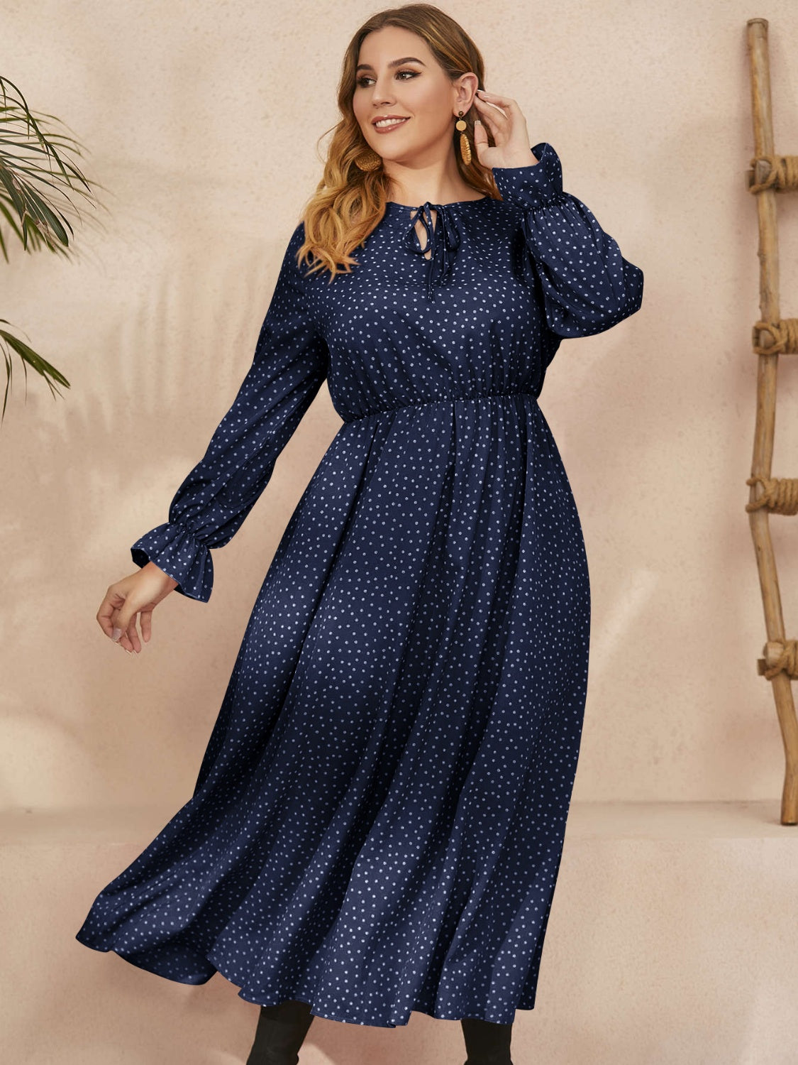 Honey Plus Size Ruffled Polka Dot Long Sleeve Midi Dress - Classique Collection
