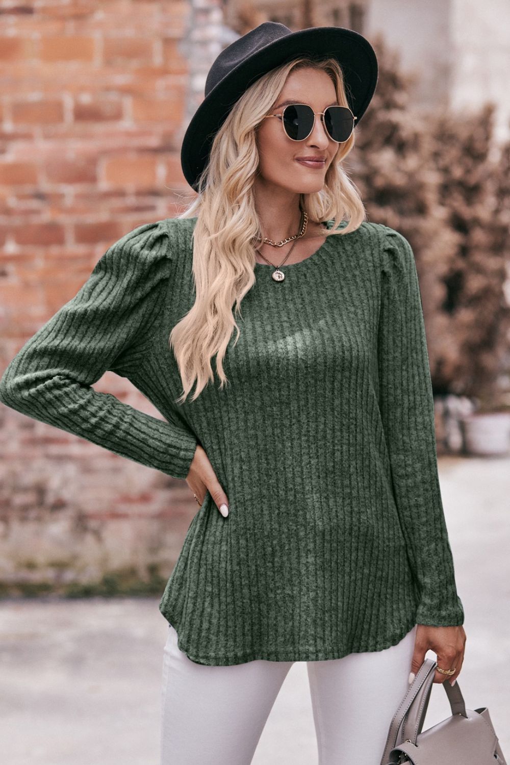 Mandy Round Neck Puff Sleeve Ribbed Top - Classique Collection