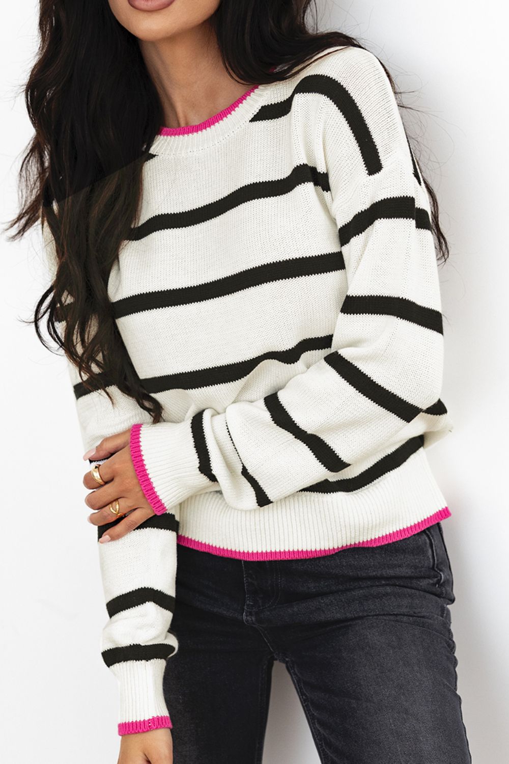 Striped Round Neck Drop Shoulder Sweater - Classique Collection